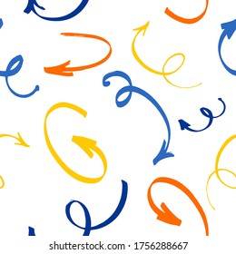 Arrow seamless pattern. multicolored smoothly curved arrows and rings are randomly located.