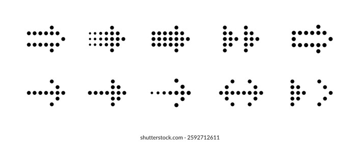 Arrow set. Arrows of different shapes, cursors, pointers. Dotted arrow style. Collection of arrows drawn with dots. Great for web design,apps, interface, navigation. Set of arrows with halftone effect