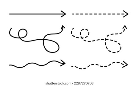 Arrow set. Black curly arrows isolated on a transparent background. Arrows of various shapes.