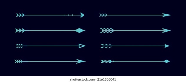 Arrow set blue. Collection of graphic elements for games and development of mobile programs and applications, bow bright cartridges. Cartoon flat vector illustrations isolated on blue background