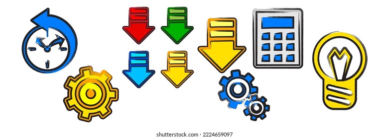 Arrow - set. Calculator icon.
Light bulb for printing. Grunge flat style. Gears. Idea icon. Clock symbol. Vector illustration.