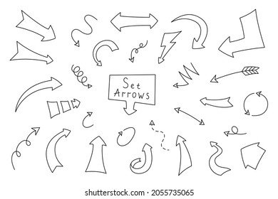 Arrow set in cartoon style vector illustration. Collection arrows hand drawn. Direction sign isolated doodle outline on a white background. Simple elements for decorative planner, journal and notebook
