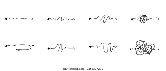 Arrow set. Chaos mind brain, problem solving and business solution searching challenge concept. Complex and easy simple path way from start to end. Hand drawn vector doodle scribble chaos path lines.