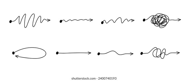 Arrow set. Chaos mind brain, problem solving and business solution searching challenge concept. Complex and easy simple path way from start to end. Hand drawn vector doodle scribble chaos path line.