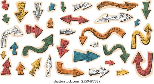 Arrow set for collage. Crayon drawing paper navigation path marks.Curved pointers for collage isolated on white background. Vector colorful hand drawn illustration