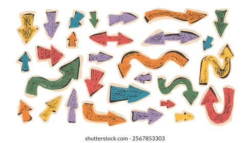 Arrow set for collage. Crayon drawing paper navigation path marks.Curved pointers for collage isolated on white background. Vector colorful hand drawn illustration.