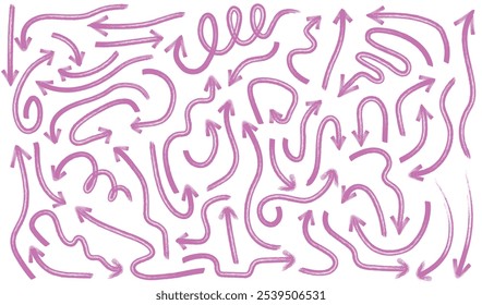 seta, conjunto, coleção, carvão vegetal, rabiscar, rosa, design, vetor, ilustração, decoração, roxo, cor, curva