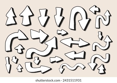 Arrow set. Collection of direction signs. Hand drawn isolated design elements. Left, right, down, up, forward pointers. Vector illustration.