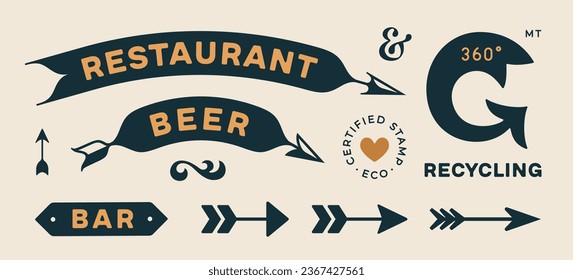 Arrow set. Collection vintage sign, arrow, symbol and graphic element. Design arrow, direction sign, icon for decorative design. Hand-drawn graphics with text, vintage graphic. Vector Illustration