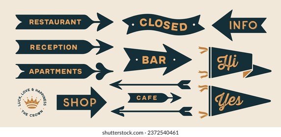 Arrow set. Collection vintage sign, arrow, symbol and graphic element. Design arrow, direction sign, icon for decorative design. Hand-drawn graphics with text, vintage graphic. Vector Illustration
