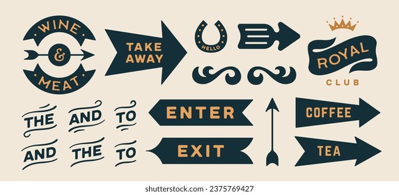 Arrow set. Collection vintage sign, arrow, symbol and graphic element. Design arrow, direction sign, icon for decorative design. Hand-drawn graphics with text, vintage graphic. Vector Illustration