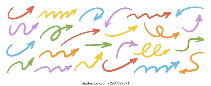 Arrow set. Crayon, charcoal, pastel, chalk hand drawn colorful elements, doodle style stroke. Sketch pencil grunge textured wave arrows, direction pointers, and curved lines. Vector illustration