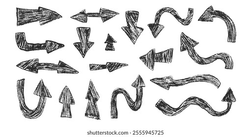 Arrow set crayon drawing. Chalk handwritten symbols. Pointers by pencil isolated on white background. Vector freehand turn, down, up and left right direction illustration