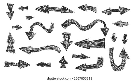 Arrow set crayon drawing. Chalk handwritten symbols. Pointers by pencil isolated on white background. Vector hand drawn illustration
