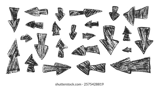 Arrow set crayon drawing. Chalk handwritten symbols. Pointers by pencil isolated on white background. Vector hand drawn illustration