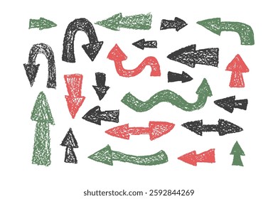Arrow set crayon drawing. Chalk handwritten symbols. Red, black and green direction pointers by pencil isolated on white background. Vector hand drawn illustration.