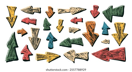Arrow set crayon drawing. Direction pointers for game. Path marks isolated on white background. Vector hand drawn illustration