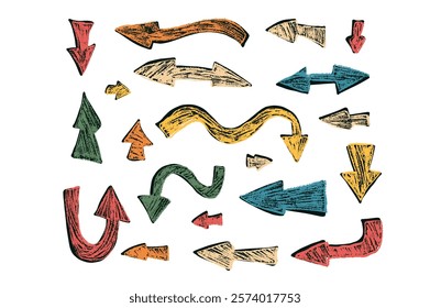 Arrow set crayon drawing set. Pointers for collage isolated on white background. Vector path marks collection hand drawn illustration