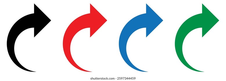 Arrow set. Curved arrows. Arrow sign symbol. Curved arrow pointing right. Black, red, blue and green curved arrow icon on white background.