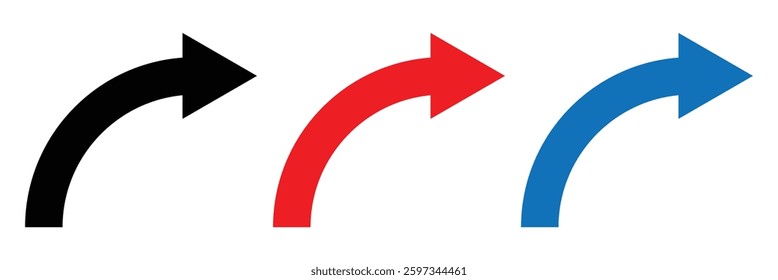 Arrow set. Curved arrows. Arrow sign symbol. Curved arrow pointing right. Black, red, blue and green curved arrow icon on white background.
