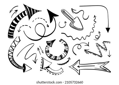 Arrow set doodle vector illustration. Hand drawn collection of direction arrows 