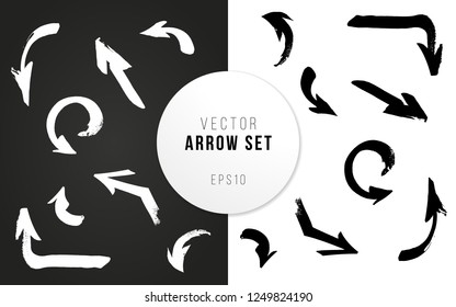 Arrow set hand drawn. Brush ink сalligraphy. Vector illustration for print, banner, user interface and applications. Cursor black and white collection. Artistic style symbol pack.