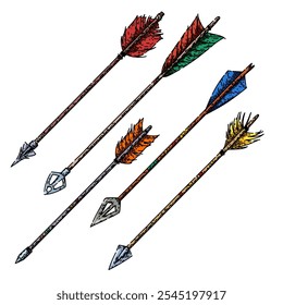 arrow set hand drawn. classic collectible, traditional old, fashioned timeless arrow vector sketch. isolated color illustration