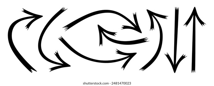 Juego de flechas. Punteros curvos dibujados a mano aislados sobre fondo blanco. Colección de varias flechas que apuntan a diferentes direcciones para el Plan de negocios, presentación, educación. Ilustración vectorial