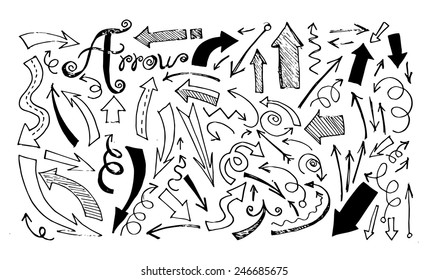 Arrow Set, Hand Drawn, Shape, Line, Stroke, Collection Doodle Vector Design Infographics and Illustration Isolated on White Background.