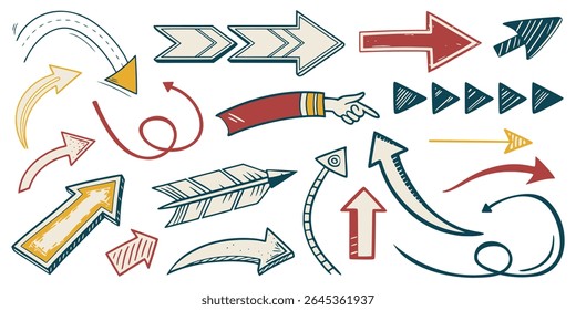 Arrow set, hand drawn, vector design, isolated on white background