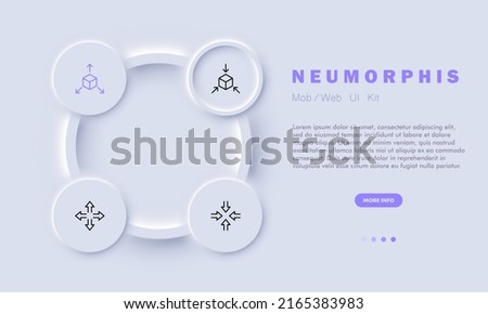 Arrow set icon. 3d modeling, rotate an object, 360 degrees viewing angle, zoom in, zoom out, deploy, virtual reality. Metaverse concept. Neomorphism style. Vector line icon for Business