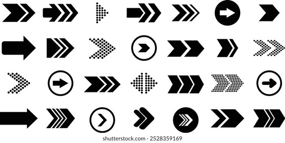  Pfeilsatz. Pfeilsymbol-Sammlung. Schwarze Pfeile. Pfeilvektorsammlung. Sammlung verschiedene Pfeilzeichen. Pfeile, Vektorgrafik-Kollektion.