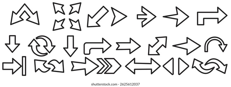 Conjunto de flechas. Colección de icono de flecha. Establezca diferentes flechas o Diseño web. Icono de Vector de flecha. Flechas colección de Ilustración vectorial y fondo blanco.