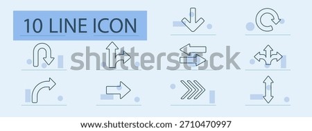 Arrow set icon. Line icons showing directional arrows including up, down, left, right, u-turn, curve, loop, expand, rotate, navigation indicators