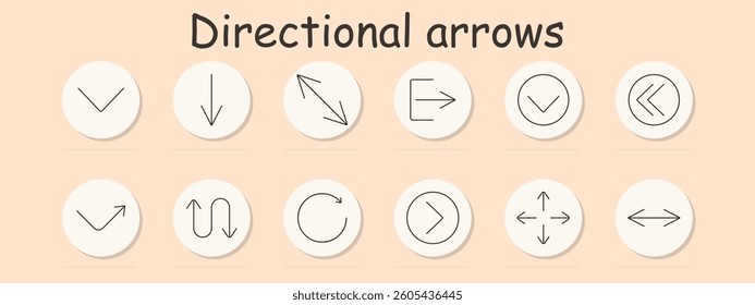 Arrow set icon. Straight, curved, circular, diagonal, outward, inward, directional indicators for navigation, transition, interface, and interaction in digital context