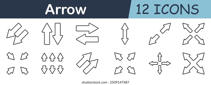 Arrow set icon. Up, down, left, right, direction, navigation, forward, backward, diagonal, move, pointer, symbol, guidance, motion, indicator, wayfinding, position