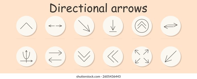 Arrow set icon. Vertical, horizontal, double, angled, loop, pointing arrows for UI, movement, transitions, redirection, and navigation in systems