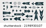 Arrow set icons. Black and white collection vintage sign, symbols and graphic elements. Flat arrow set for decorative design. Hand-drawn graphics, drawing sign. Modern arrows. Vector Illustration