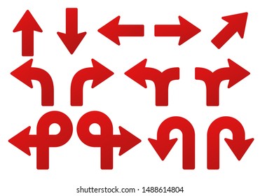 Conjunto de flechas. Para indicar la ubicación de la flecha roja que apunta hacia arriba, hacia abajo, hacia la izquierda y hacia la derecha.