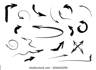 Arrow set isolated on white background. Hand made brush ink c�alligraphy print. Vector illustration for web, user interface and applications. Navigation sign pack.