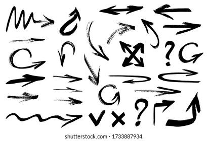 Arrow set isolated on white background. Hand brushed ink calligraphy. Vector illustration. Icons for web, user interface and application. Heavy navigation print sign collection.