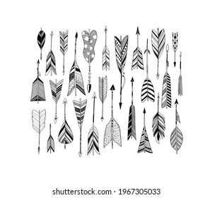 Arrow set in Native American Indian style. Vector tribal illustration. Set of ethnic arrows with different tips and plumage isolated on white background. Hand drawn decorative black symbols. 