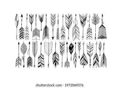 Arrow set in Native American Indian style. Vector tribal illustration. Set of ethnic arrows with different tips and plumage isolated on white background. Hand drawn decorative black symbols. 