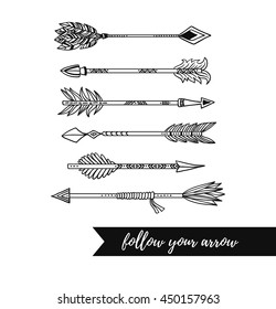 Arrow set in Native American Indian style. Vector hand drawn hipster illustration isolated on white background. Boho design.
