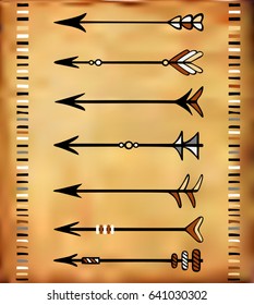 Arrow set in Native American Indian style. Vector hand drawn hipster illustration on an old background. Boho design, tattoo art.