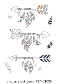 Arrow set in Native American Indian style. Vector hand drawn hipster illustration isolated on white background. Boho design, tattoo art, coloring book for adults.