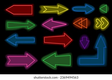 Arrow set in neon cartoon design. Designs with this neon-inspired arrow illustration set show vivid colors and intricate designs which create eye-catching visual experience. Vector illustration.