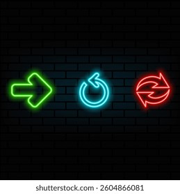 arrow set. neon style arrows icons. various models. in blue, green and red..