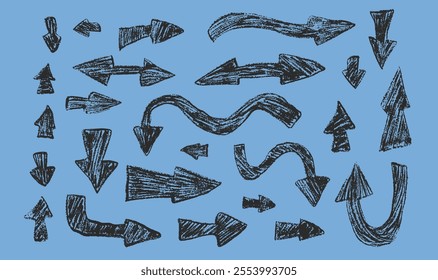 Arrow set pencil drawing. Chalk handwritten symbols. Pointers by pencil isolated. Vector freehand elements illustration