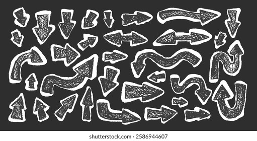 Arrow set pencil drawing sticker. Textured effect direction pointers. Black navigation. Path marks isolated on white background. Vector hand drawn illustration.